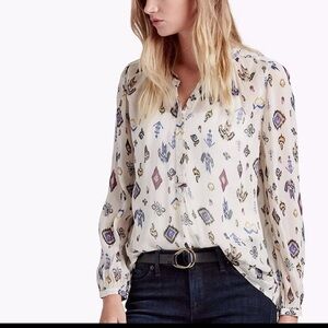 Lucky Brand Aztec Boho Print Sheer Henley Blouse Size L Natural Long Sleeve